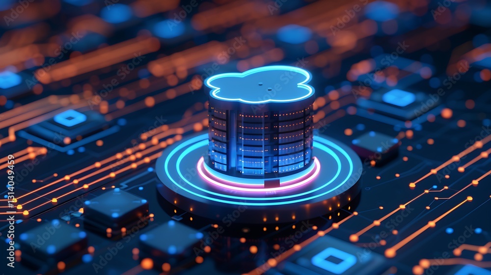 Aufkleber futuristic digital data storage with neon elements on circuit board background in blue and orange to