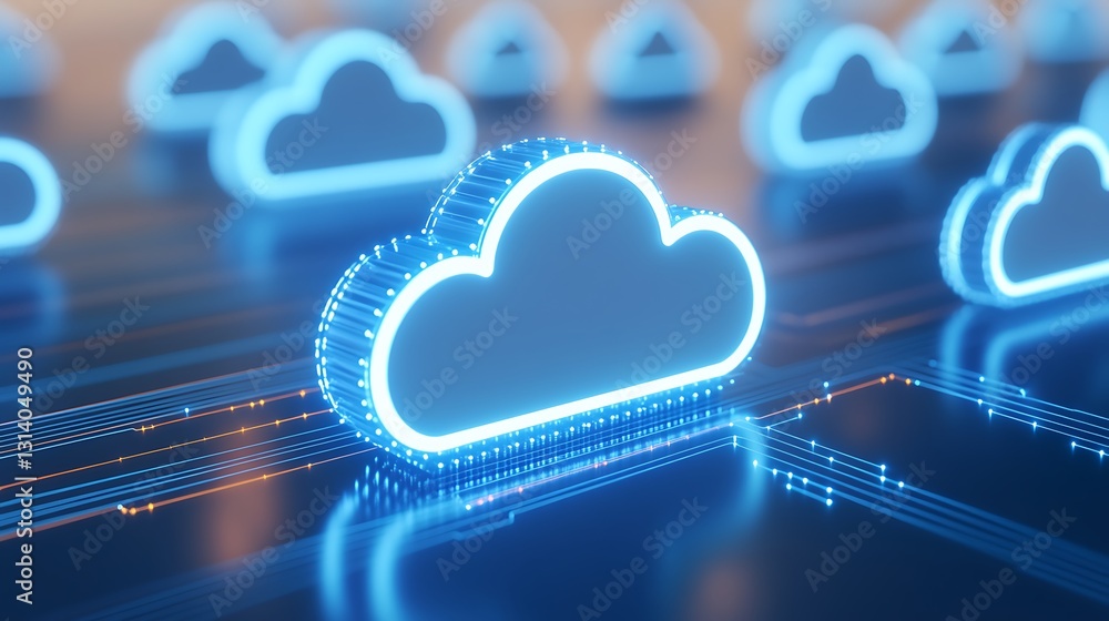 Poster futuristic glowing blue clouds on a digital network representing cloud computing technology in a mod