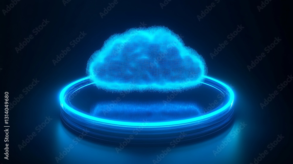 Poster futuristic glowing cloud icon hovering above circular neon platform on dark background for digital c