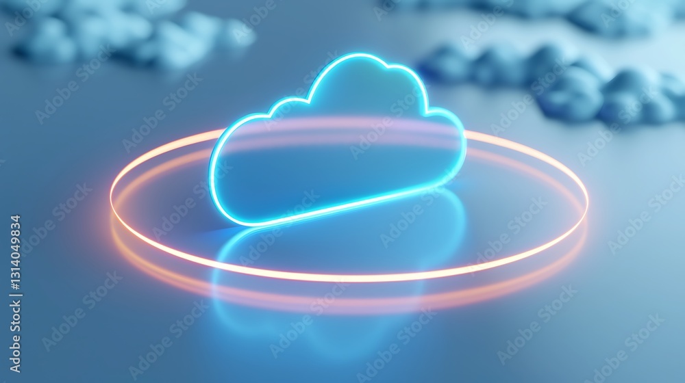 Poster futuristic neon cloud icon illuminated with circular light on reflective surface for digital concept