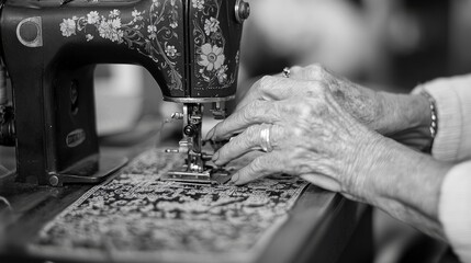 Monochrome image capturing the essence of vintage sewing, featuring a classic machine and delicate craftsmanship with an elderly persons hands