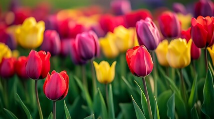 Vibrant multicolored tulips in a garden at sunset.