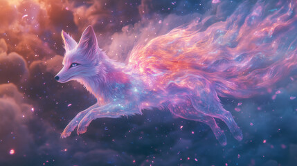 Translucent fox with nebula wings explores a colorful cosmic landscape at dusk