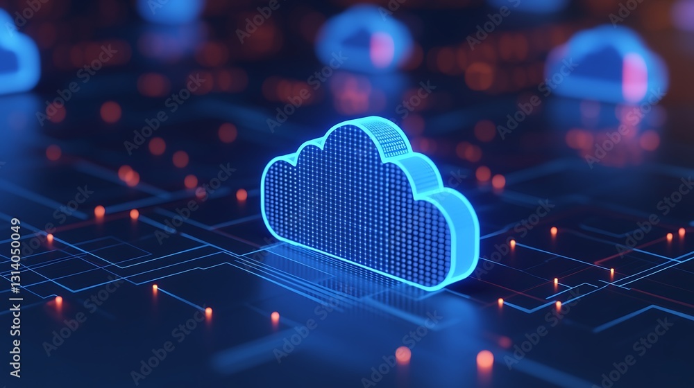 Poster futuristic technology concept of digital cloud storage with neon lights on circuit pattern backgroun