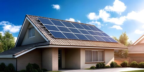 Fototapeta premium Sustainable home with solar panels residential area architecture modern environment aerial view eco-friendly concept