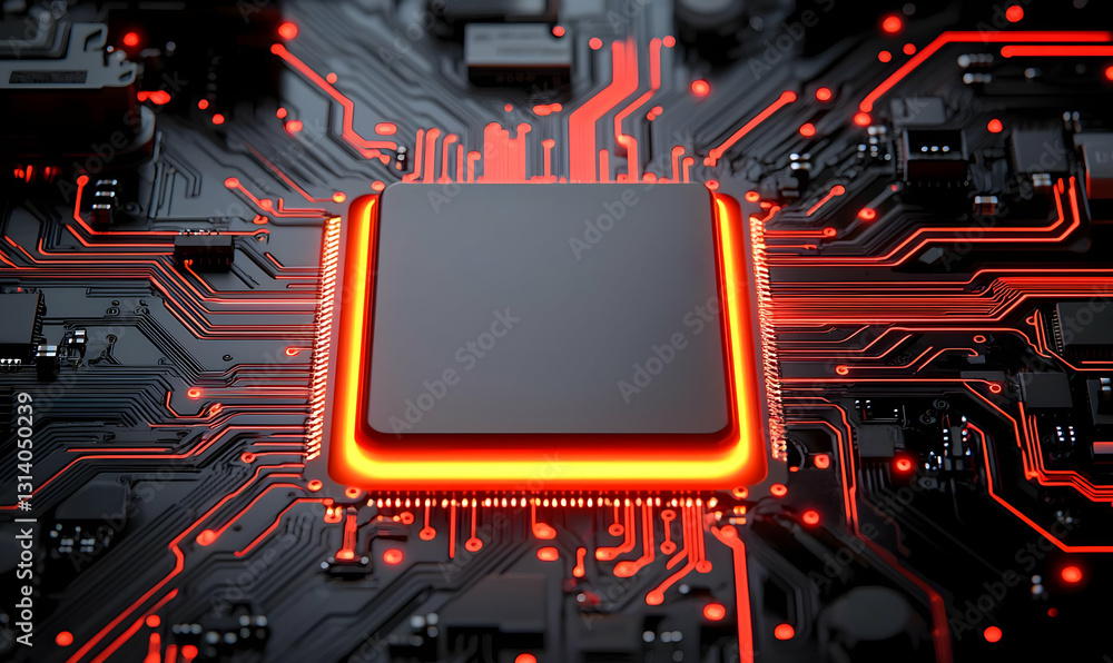 Poster high-tech circuit board with glowing processor and electrical paths