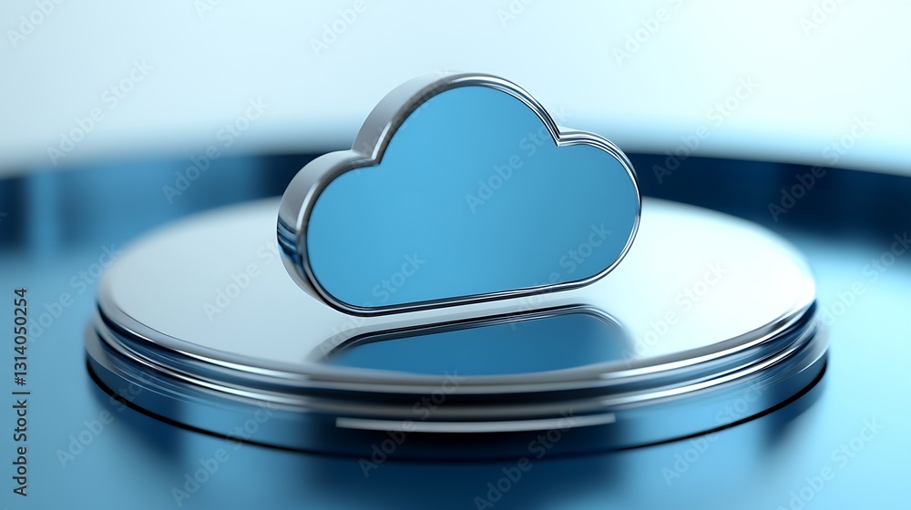 Poster glossy blue cloud icon on metallic base for digital technology and cloud computing concepts