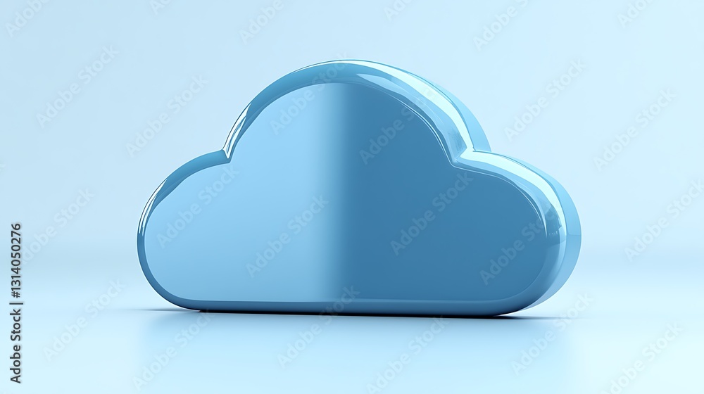 Poster glossy blue cloud icon on soft blue background for digital technology and data storage concepts