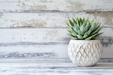 A modern botanical scene with a lush green succulent in a textured vase, resting on a weathered white wooden desk