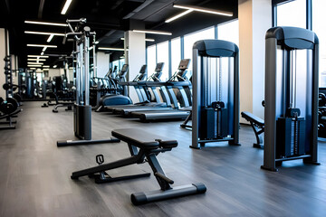 Obraz premium Gym workout equipment modern fitness center style urban environment interior view health and wellness concept