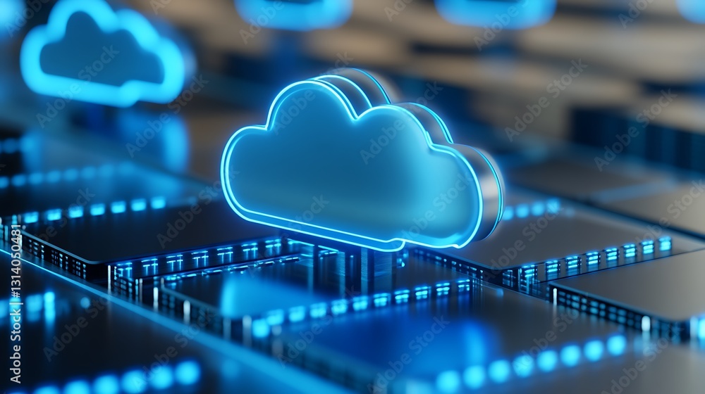 Poster glowing blue cloud icons over metallic surface representing digital technology and cloud computing c