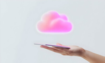 Hand Holding Smartphone with Animated Cloud Storage Concept