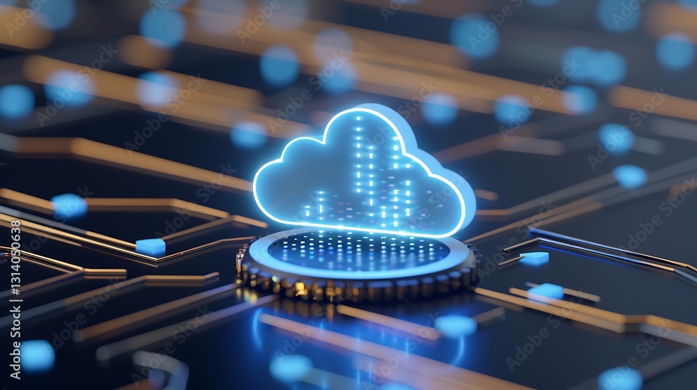 Poster glowing cloud icon on circuit board with digital connections and blue particles representing data tr