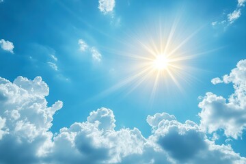 Radiant Summer Sun Shining Brightly in a Vivid Blue Sky Filled with Fluffy White Clouds A Breathtaking Celestial View