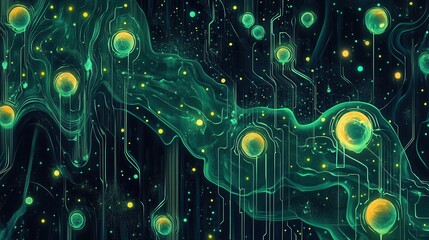 In a dimly lit environment, numerous luminous green and yellow cells pulsate softly, casting an ethereal glow against the surrounding darkness, creating a mesmerizing, vibrant scene.