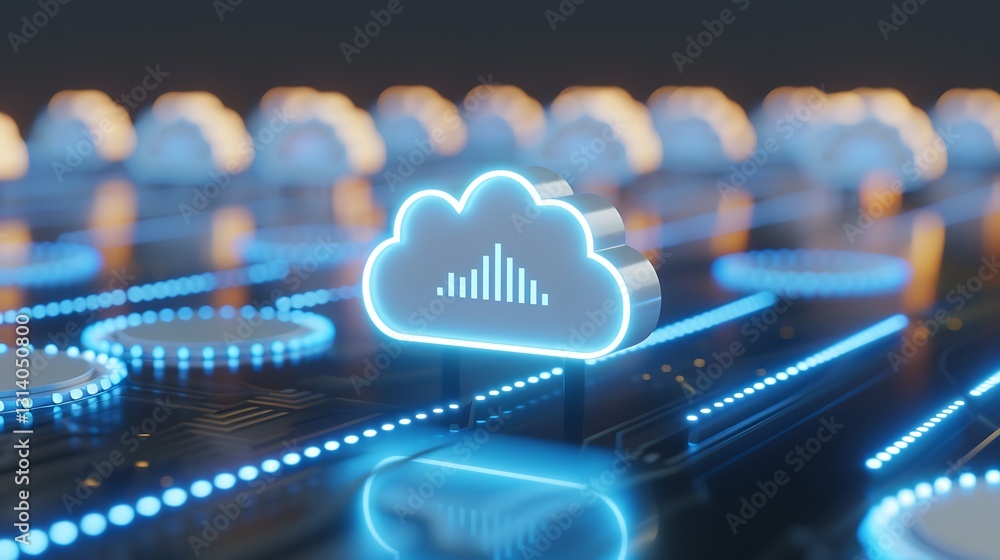 Poster glowing cloud icon with digital data signals on circuit board background in futuristic technology co