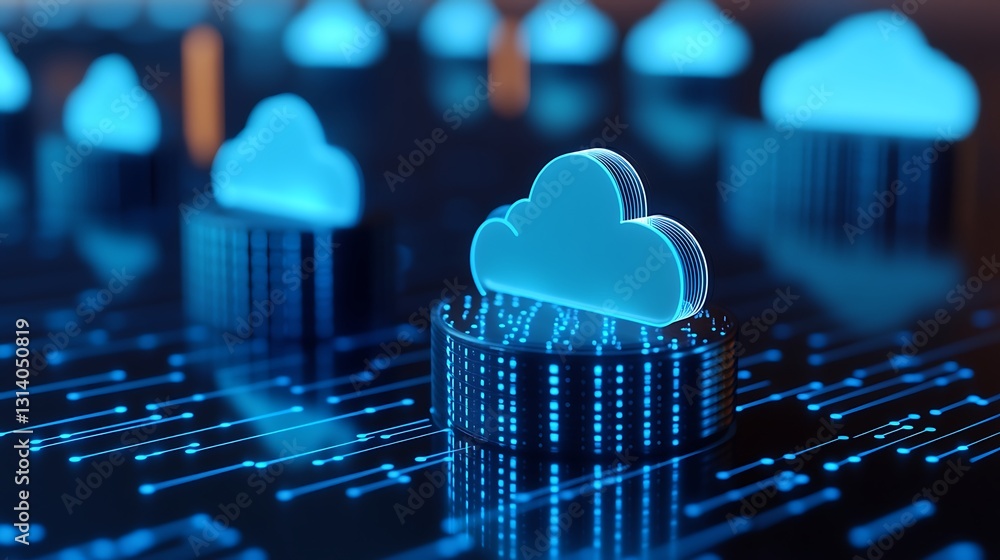 Poster glowing cloud icons on digital circuit board representing cloud computing and data storage technolog