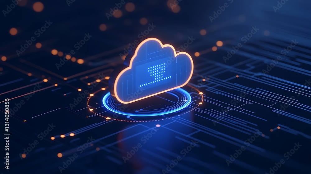 Poster glowing cloud storage icon with download symbol and digital circuit background for tech and data sto