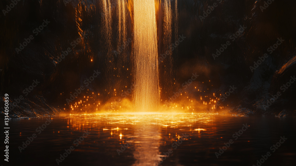 Poster beautiful cascade of golden water flows serenely into a tranquil pool surrounded by dark cliffs at d