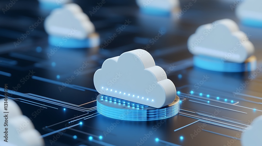 Aufkleber illustration of cloud computing concept with 3d cloud icons on digital circuit background