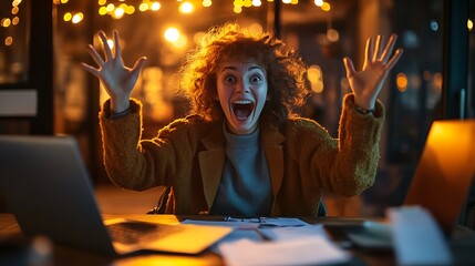 Fototapeta premium Excited woman celebrating success at night, working late on laptop.