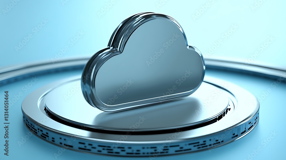 Poster metallic cloud symbol on a modern circular base representing digital data storage and technology inn