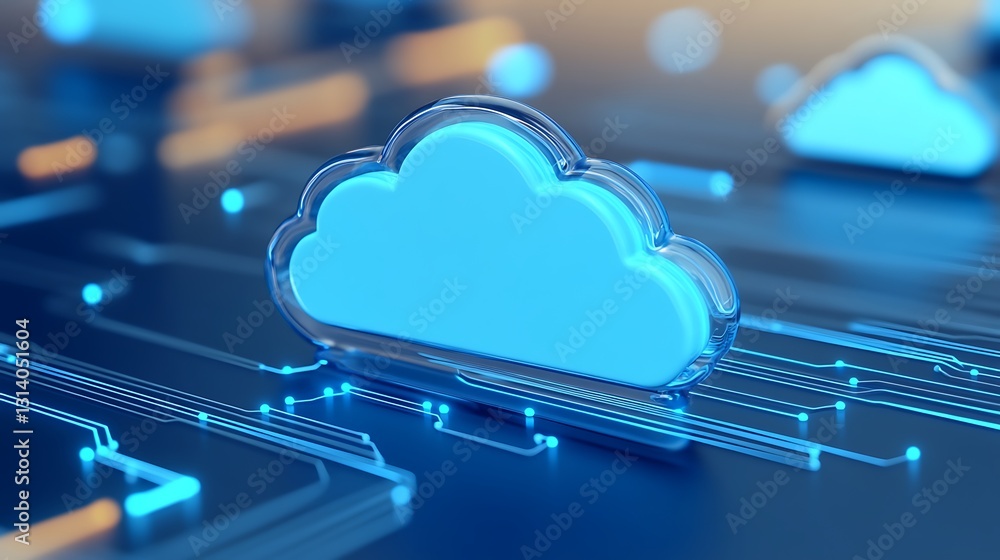 Poster Minimalistic 3D Cloud Icon on Abstract Digital Circuit Background Representing Cloud Computing Technology