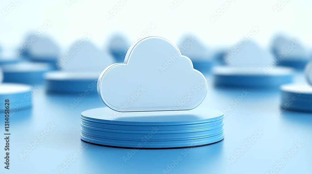 Poster minimalistic cloud icon surrounded by circular platforms representing cloud computing and digital te