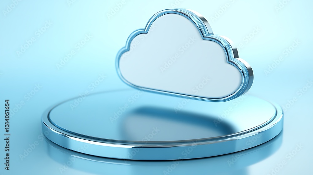 Poster modern 3d cloud icon on blue background, reflective surface and minimal design concept for technolog