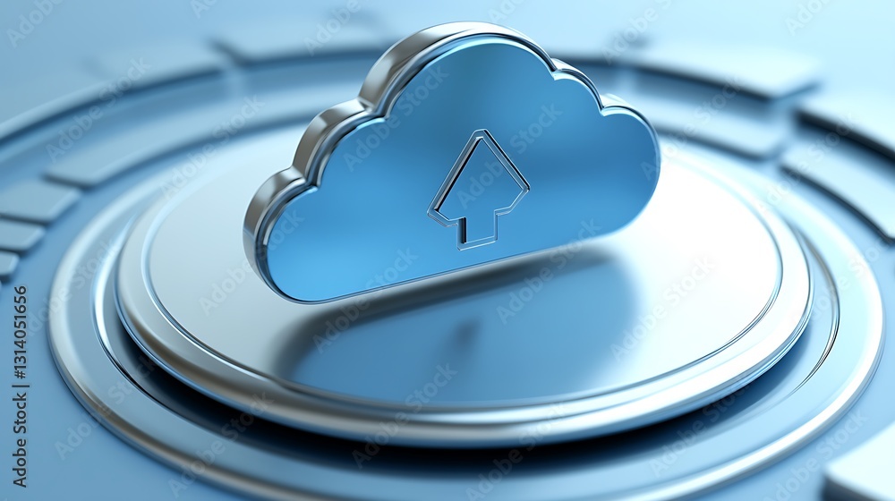Poster modern 3d cloud icon with upload arrow symbol on glossy surface for technology and digital concept