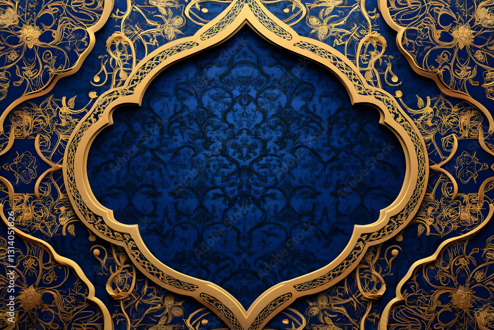 Poster ornate blue and gold patterned backdrop featuring intricate designs and a central empty space for te