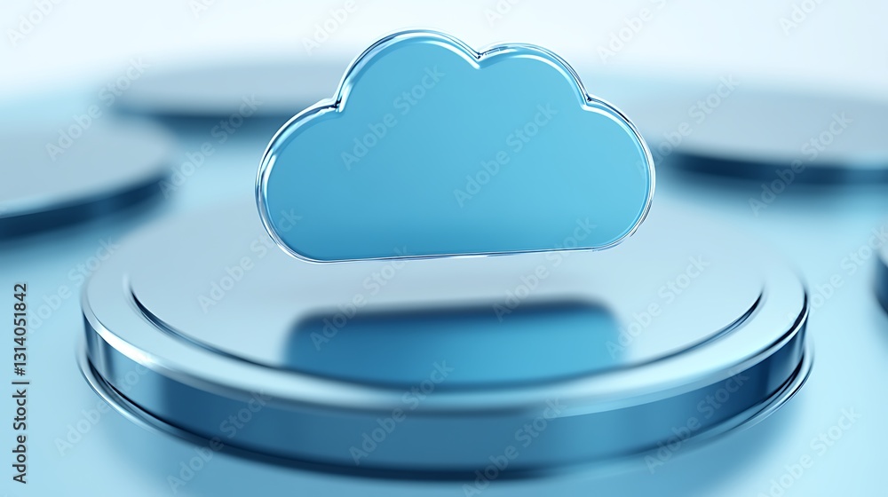 Poster modern blue cloud icon representing digital storage and networking solutions in a futuristic setting