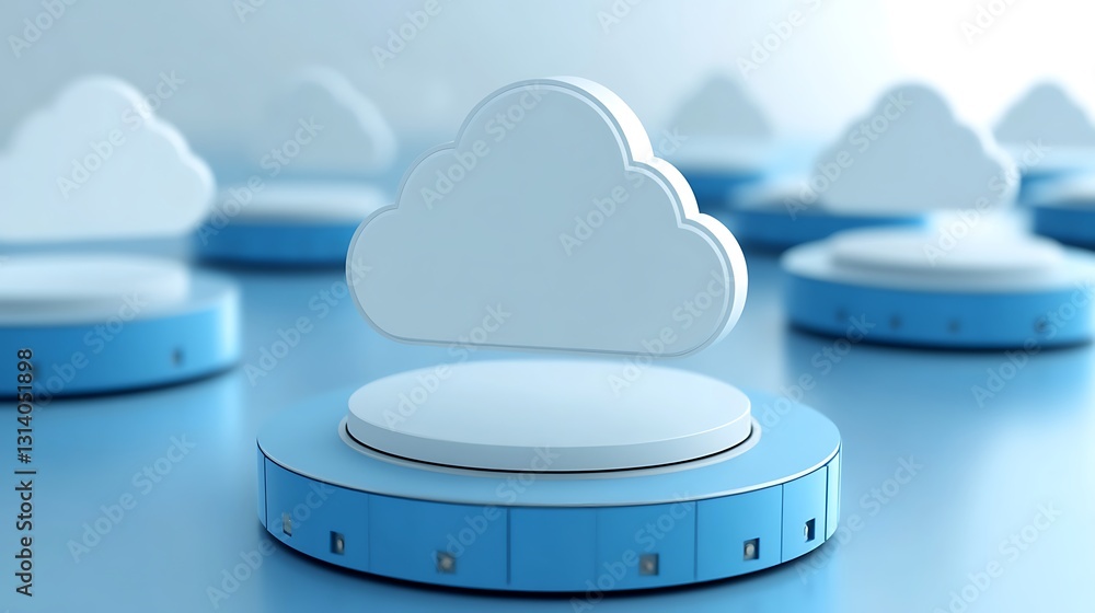 Poster modern cloud computing concept showcasing icon on round base with soft blue background