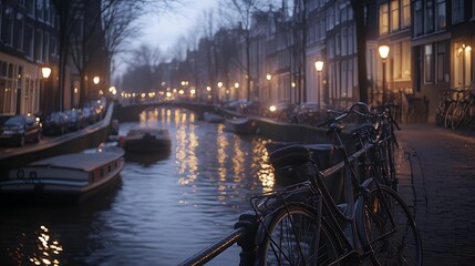 Fototapeta premium Dusk canal scene with bicycles parked along cobblestone path, boats moored, and soft light reflections on water.