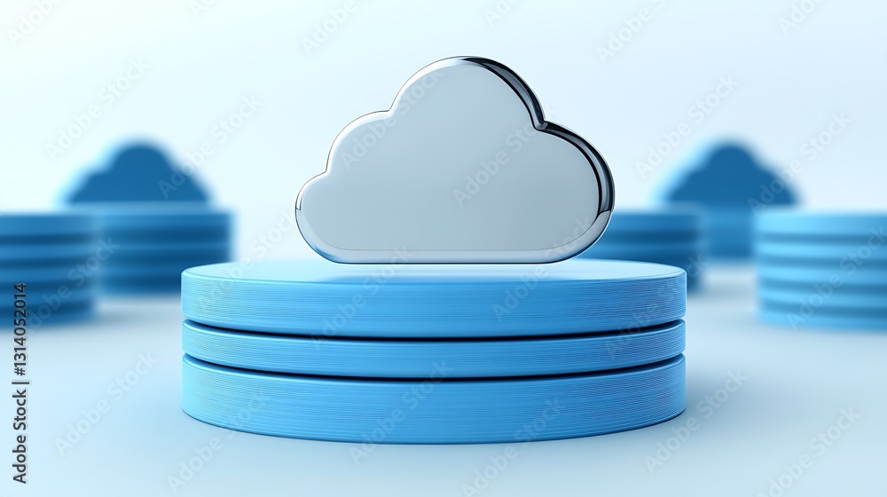 Poster modern cloud computing concept with 3d cloud icon on stack of blue circular platforms in digital spa