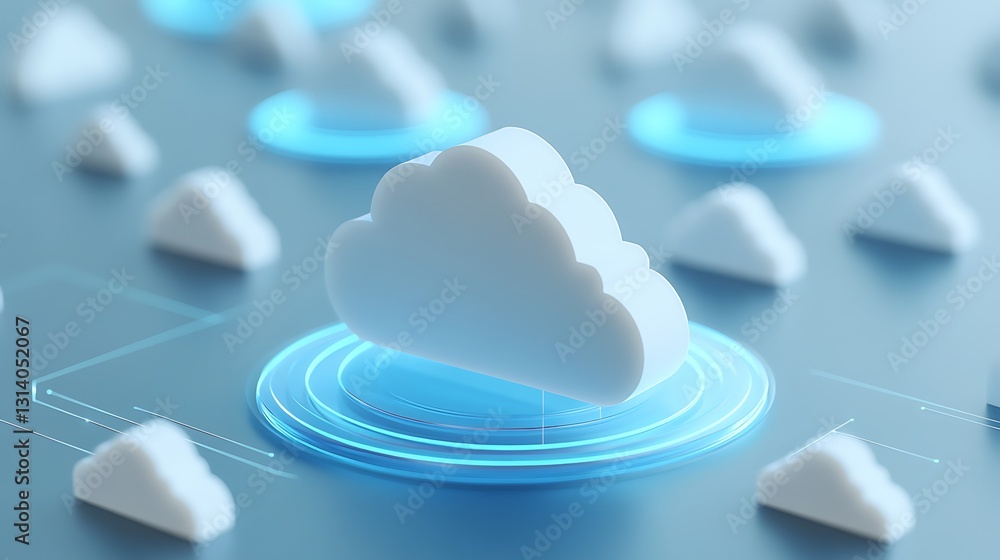 Poster modern cloud computing concept with 3d clouds and digital circles representing data transfer and tec