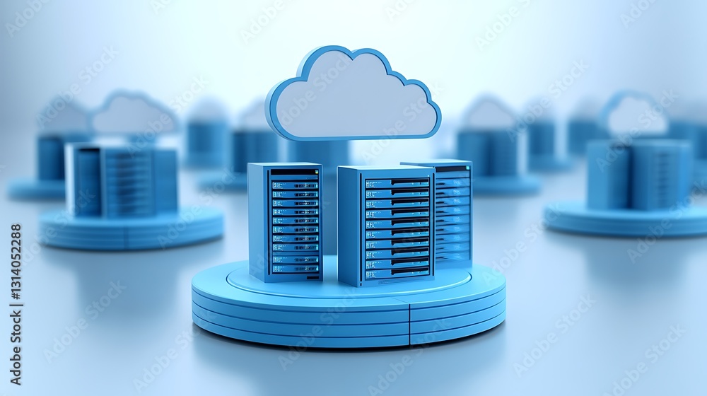 Poster modern cloud computing concept with blue server racks and floating cloud symbol representing digital