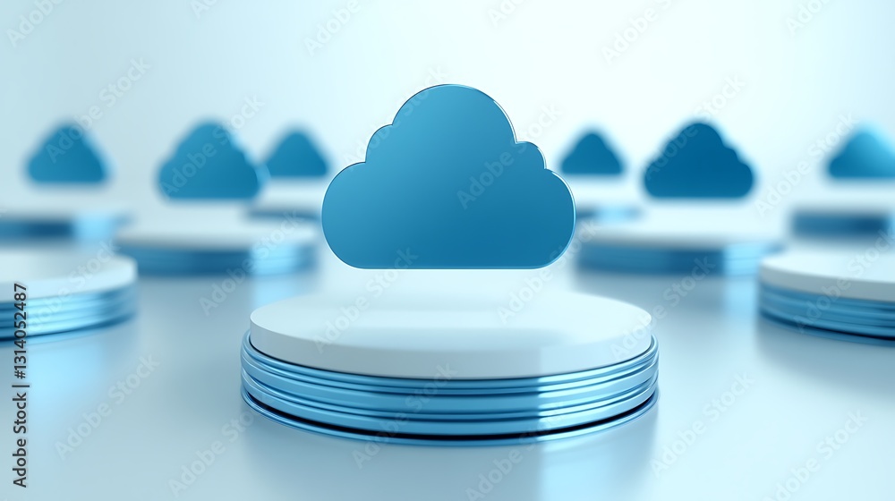 Poster modern cloud computing concept with cloud icons and circular bases in a soft blue background