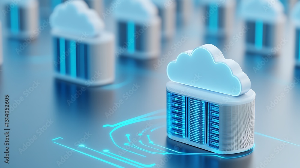 Poster modern cloud computing concept with data servers and connected cloud icons in a data center environm