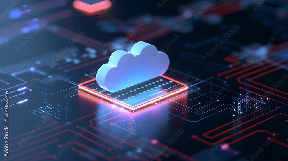Poster modern cloud computing concept with digital circuit board and cloud icon on a futuristic background