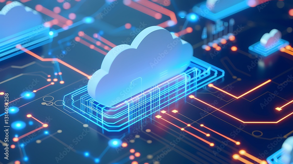 Poster modern cloud computing concept with digital circuit board and glowing data connections in cyber tech