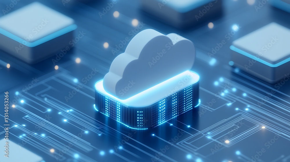 Poster modern cloud computing concept with digital circuitry and data processing elements in bright blue en