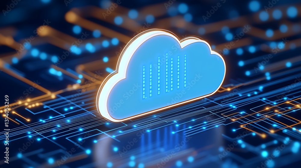 Poster modern cloud computing concept with digital circuit patterns and blue light effects for technology b