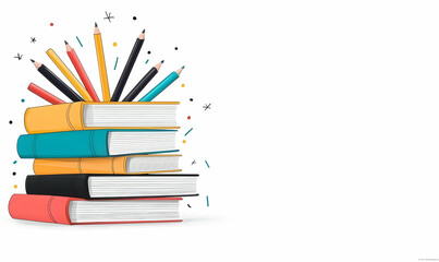 Fototapeta premium Stack of Colorful Books Surrounded by Pencils and Decorative Elements