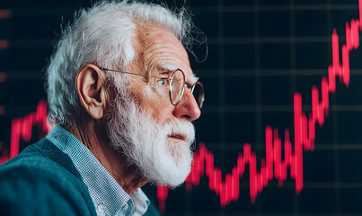 Elderly Man Analyzing Stock Market Trends on Digital Screen