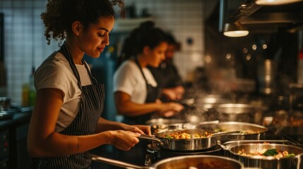 Naklejka premium A cook carefully stirring food in a busy restaurant kitchen
