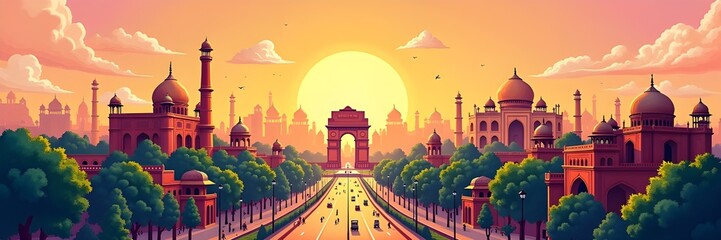 New Delhi city skyline with monument landmarks Travel India Tourism Panaroma Cityscape Urban Architecture illustration banner