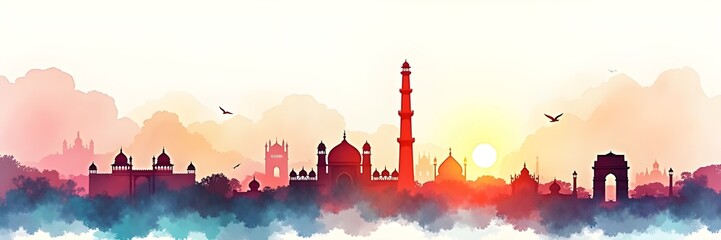 New Delhi city skyline with monument landmarks Travel India Tourism Panaroma Cityscape Urban Architecture Watercolor banner
