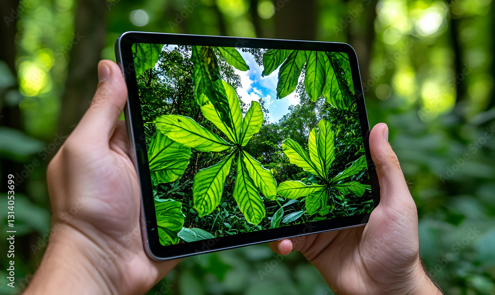Poster Hands Holding Tablet Displaying Lush Green Leaves in Forest Setting