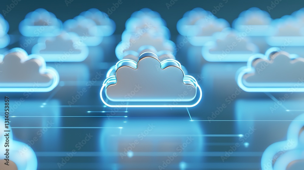 Poster modern cloud computing concept with glowing abstract cloud icons on digital background
